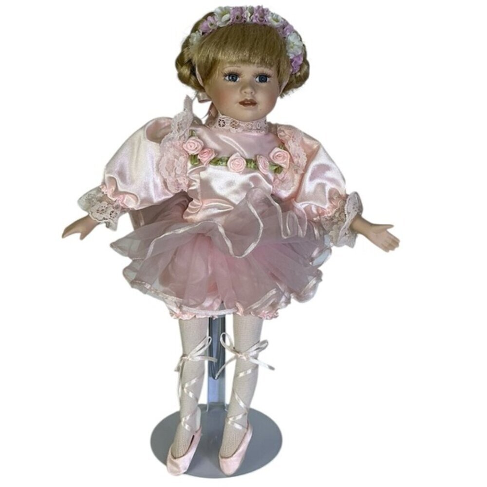 Vintage Ballerina Dancer Porcelain Doll 1990 Pink Satin Tutu Blonde Hair 14” - Picture 15 of 15